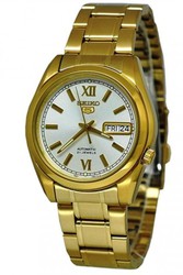 Seiko5 Men's Automatic Gold Plated Day/Date watch,  case with Glass Bac