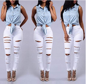 Women Ripped Denim Jeans Sexy Stretchy Skinny High Waisted Pencil Pant