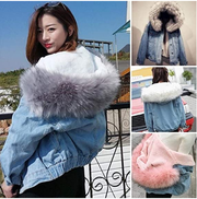 Womens Jeans Coats Ladies Winter Warm Thicken Button Fur Collar Hooded