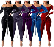 Women's Velvet Jumpsuit Long Sleeve Bodycon Pants