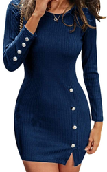 Sweater Dress Solid Button Up Bodycon Mini Dress