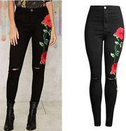 Women's Floral Embroideried Ripped High Waisted Skinny Women's Pants