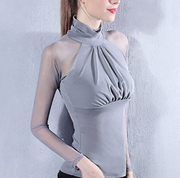 Women's High Collar Mesh Sheer Long Sleeve