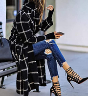 Women Elegant Wool Blend Belt Trench Coat Plaid Print Outwear Jacket