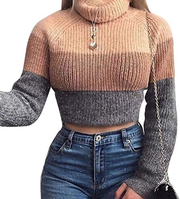 Women Winter Knitted Sweater Turtleneck Cropped Sweater Color Block 