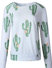 XZmy women's casual long sleeve round neck cactus printed shirt top