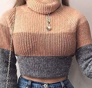Winter Knitted Sweater Turtleneck Cropped Sweater Color Block Pullover
