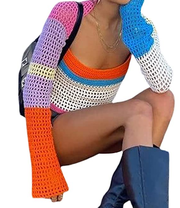 Sunloudy women's short knitted jacket long sleeve crochet hollow squar
