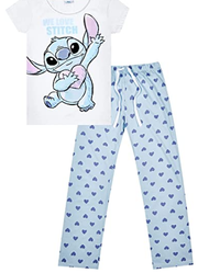 Ladies Lilo and Stitch We Love Stitch Long Pyjama Set Grey Blue