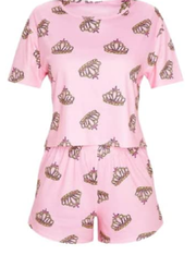 Women Queen Crown Print Short Pyjama Set - Pink Nightwear shorts and T
