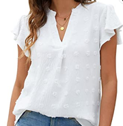 Blooming Jelly Womens White T-Shirts Chiffon Blouse V Neck Ruffle Slee