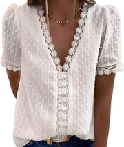 TINGRISE Summer Tops for Women Casual Lace Ladies Chiffon Short Sleeve