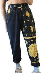 Women's Sun Moon Srar Digital Print Jeans Casual Loose Fit Denim Pants