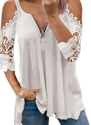 AMhomely Women Casual Lace Half SleeveＶ-Neck Zipper Hollow Out T-Shirt