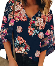 GOSOPIN Women Floral Print V Neck 3/4 Bell Sleeves Blouses Shirt Tunic