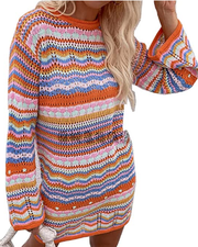 Rainbow Long Sleeve Loose Crochet Stripe Hollow Mini Leisure Sweater D