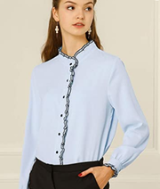 Allegra K Women's Chiffon Button Down Shirt Blouse Work Stand Collar R
