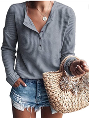Waffle Knit Shirts Long Sleeve Button Up V Neck Pullover Henley Shirts