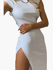 Women Sleeveless High Split Dresses Solid Round Neck Bodycon0908