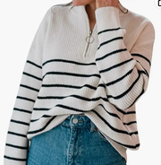 Zip Up Turtleneck Striped Loose Casual Autumn Pullover Sweaters0909