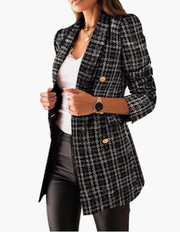 Women’s Casual Blazer Double-Breasted Turn Down Neck Plaid Blazer Suit