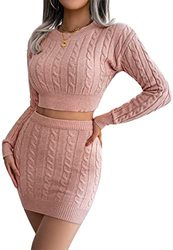 2 Pieces Skirt Outfit Crew Neck Long Sleeve Crop Sweater 0407