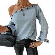 Shirts Off The Shoulder Button One Collar Long Sleeve Patchwork Blouse