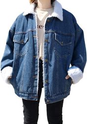 Women's Borg Denim Jacket Long Sleeve Button Fleece Fur Jean231209
