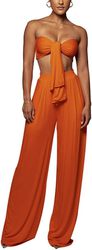Summer Solid Color Lace Up Tube Top +Mid Waist Wide Leg Pants240508